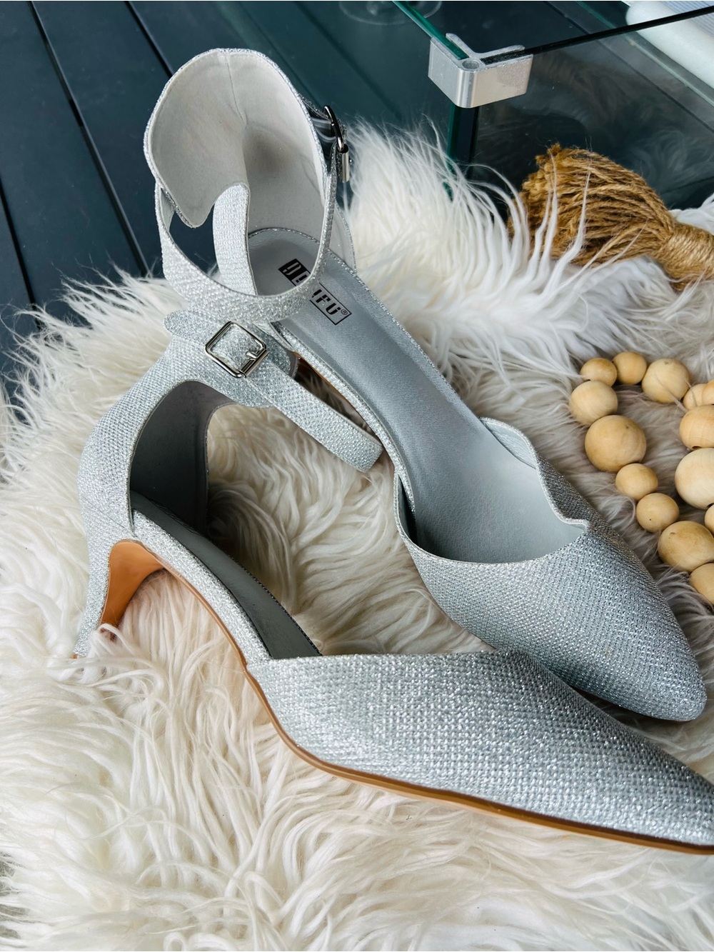 Amazon Shimmery Silver Pointed-Toe Ankle Strap Heels